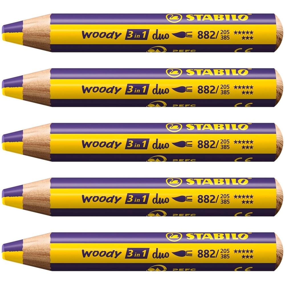 woody 3 in 1 duo - Matita colorata Multi-Funzione - Mina a 2 Colori - Confezione da 5 - Giallo /Viola profondo - Foto 1