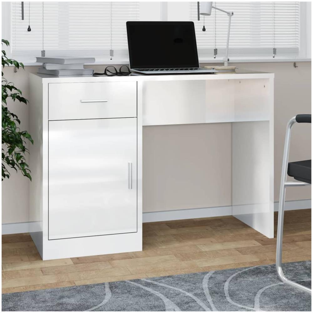 Scrivania Cassetto Bianco Lucido 100x40x73cm Legno Multistrato - Foto 1