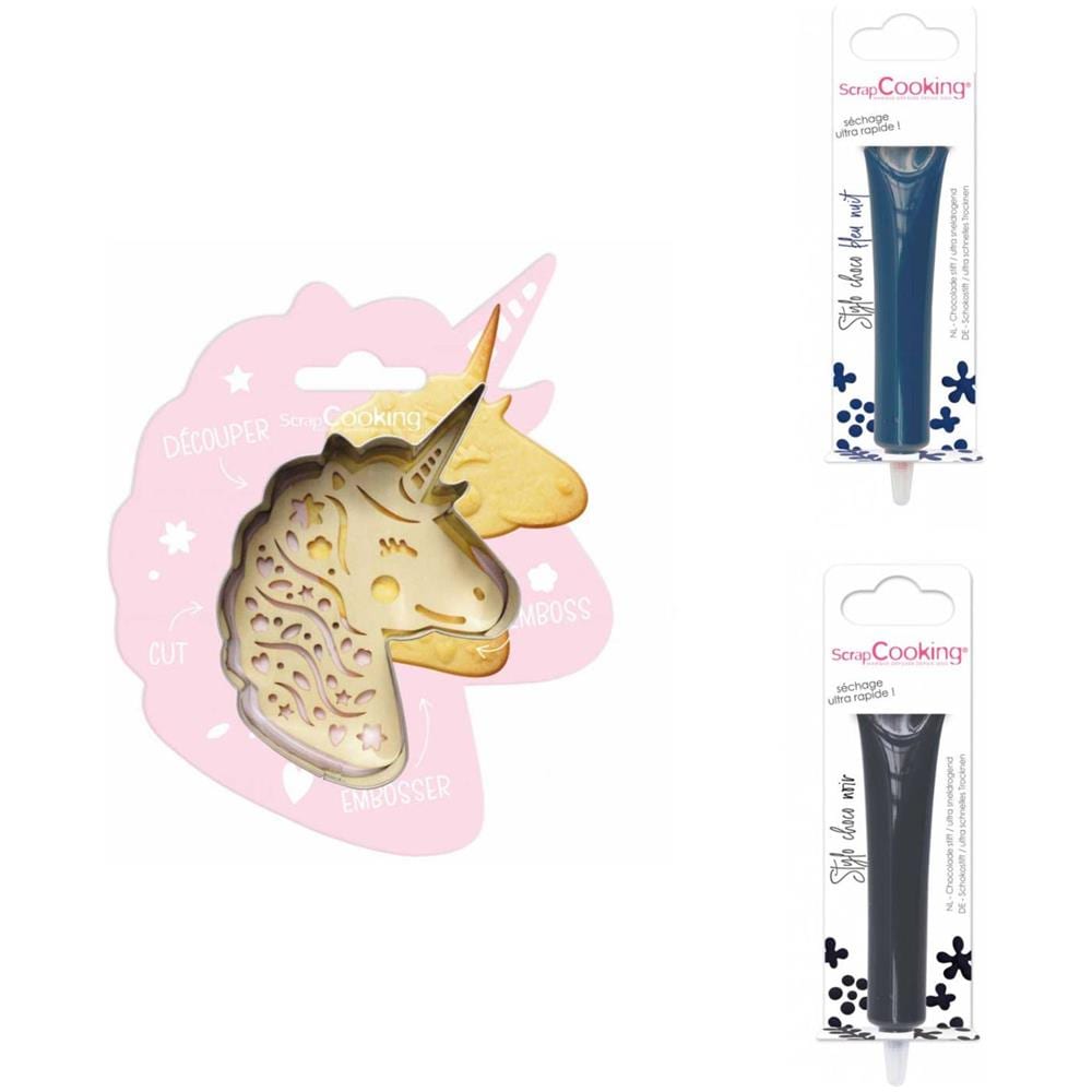 Kit Biscotti Unicorno + 2 Penne Al Cioccolato Blu Notte E Fondente - Foto 1