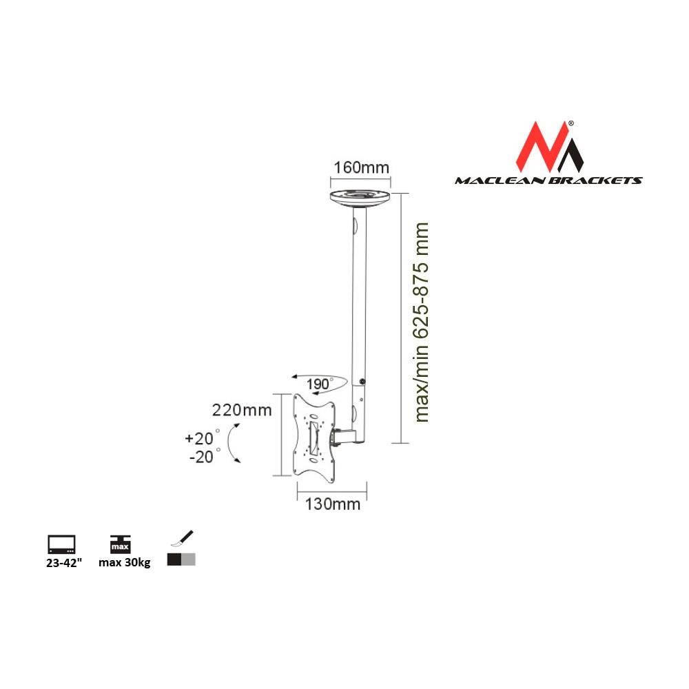 Staffa Tv Da Soffitto 23-42 ""50 ~ 85cm 30kg Maclean Mc-504a S Argento - Foto 3
