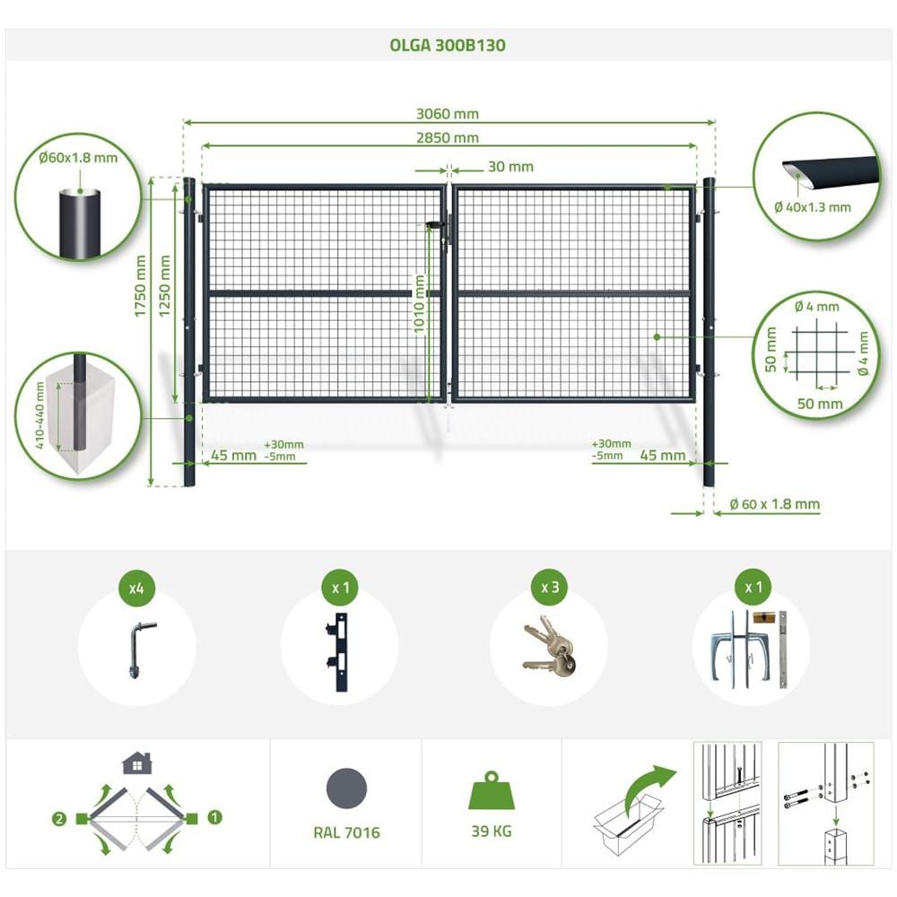 Cancello A Battente In Rete Metallica 3m Olga 300b130 Grigio - Foto 8