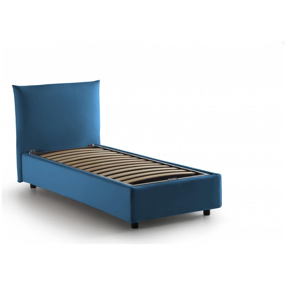 Letto Singolo Marina, Letto Contenitore Con Rivestimento In Tessuto, 100% Made In Italy, Apertura Laterale, Adatto Per Materasso Cm 80x190, Blu - Foto 2