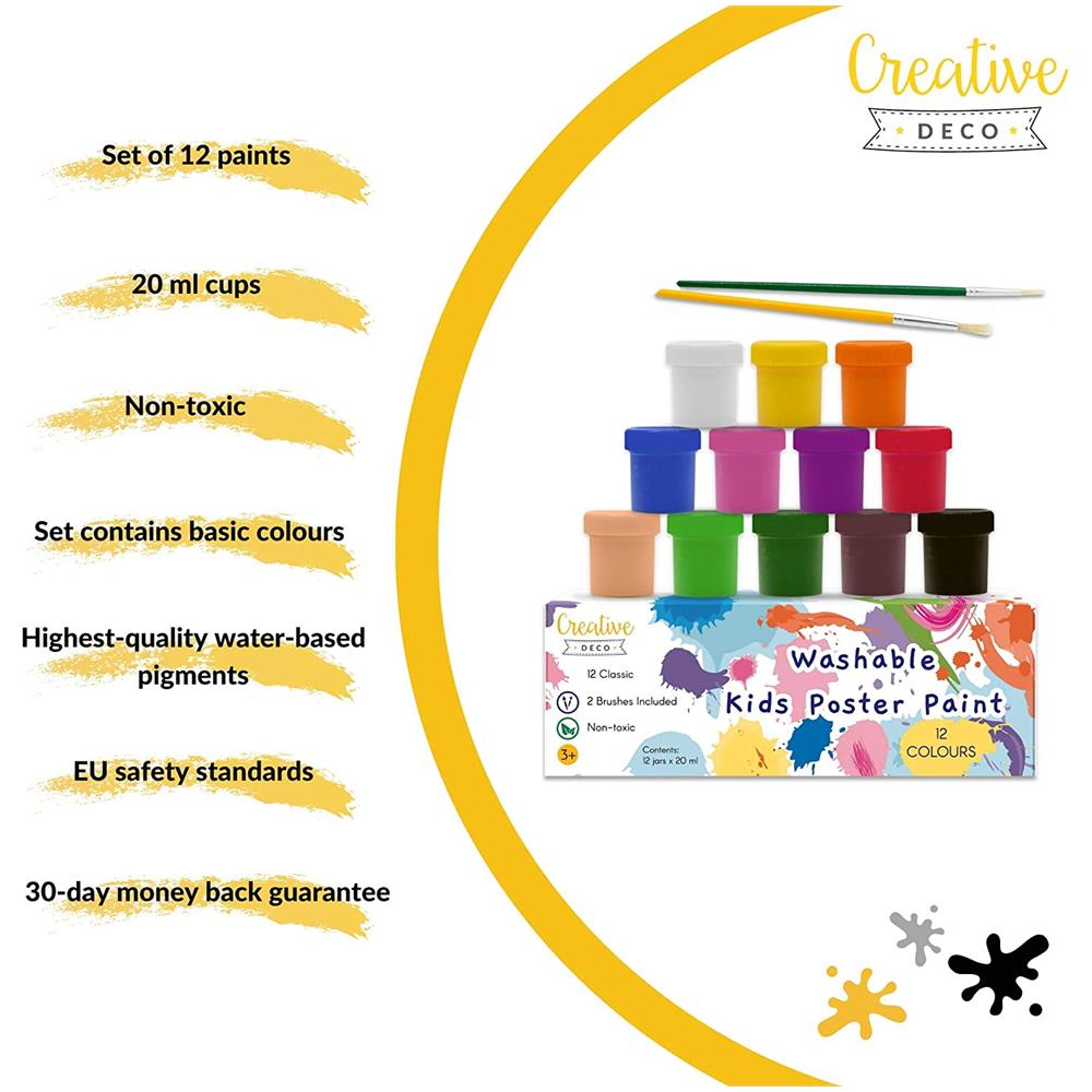 Creativo Deco Lavabile Bambini Poster Set Di Verniciatura 20 Ml X 12 Tazze Multicolori Non Tossico Di Base Vibrante E Colori Intensi Perfetto Per I Principianti Bambini Studenti E Artisti - Foto 2