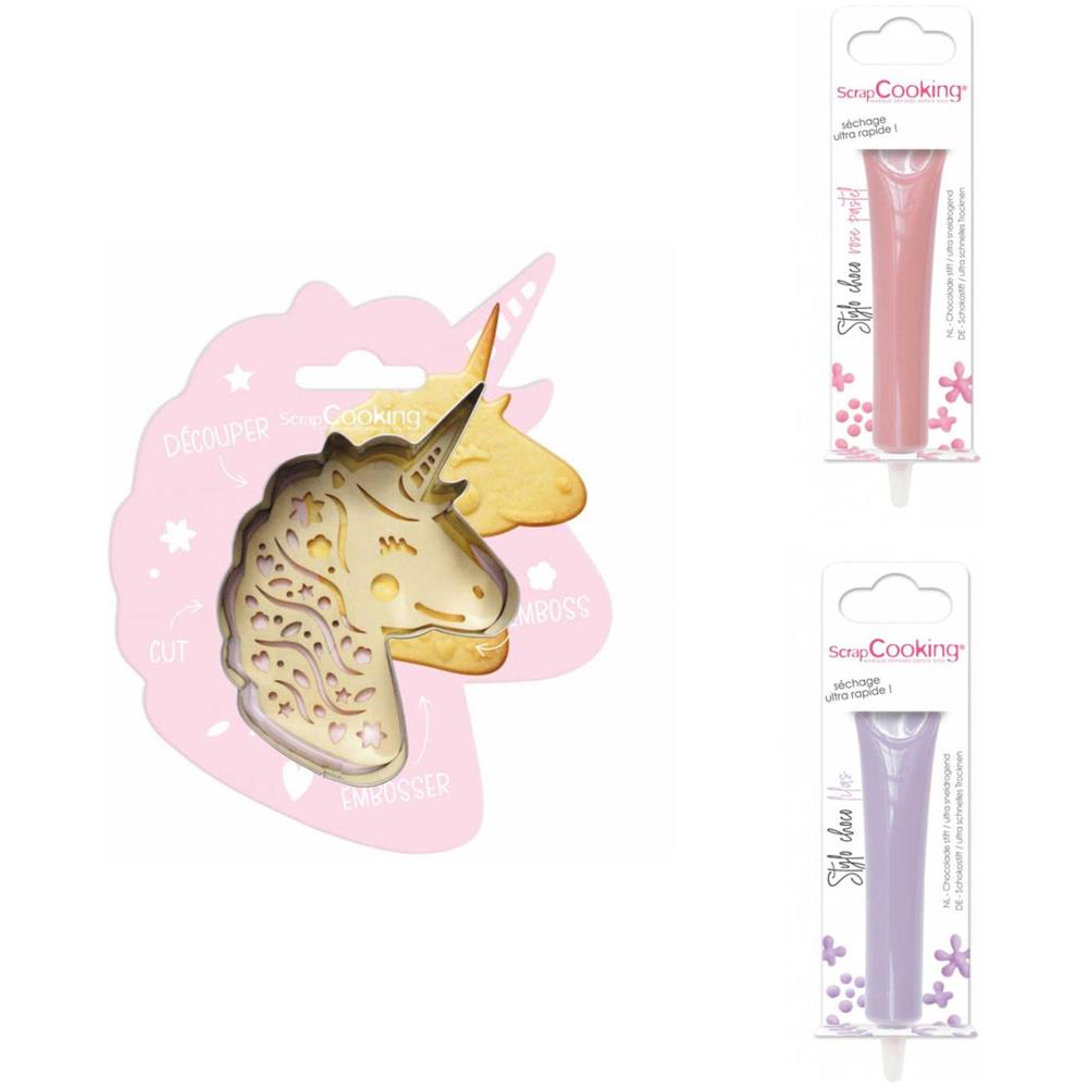 Kit Biscotti Unicorno + 2 Penne Al Cioccolato Rosa Pastello E Lilla - Foto 1