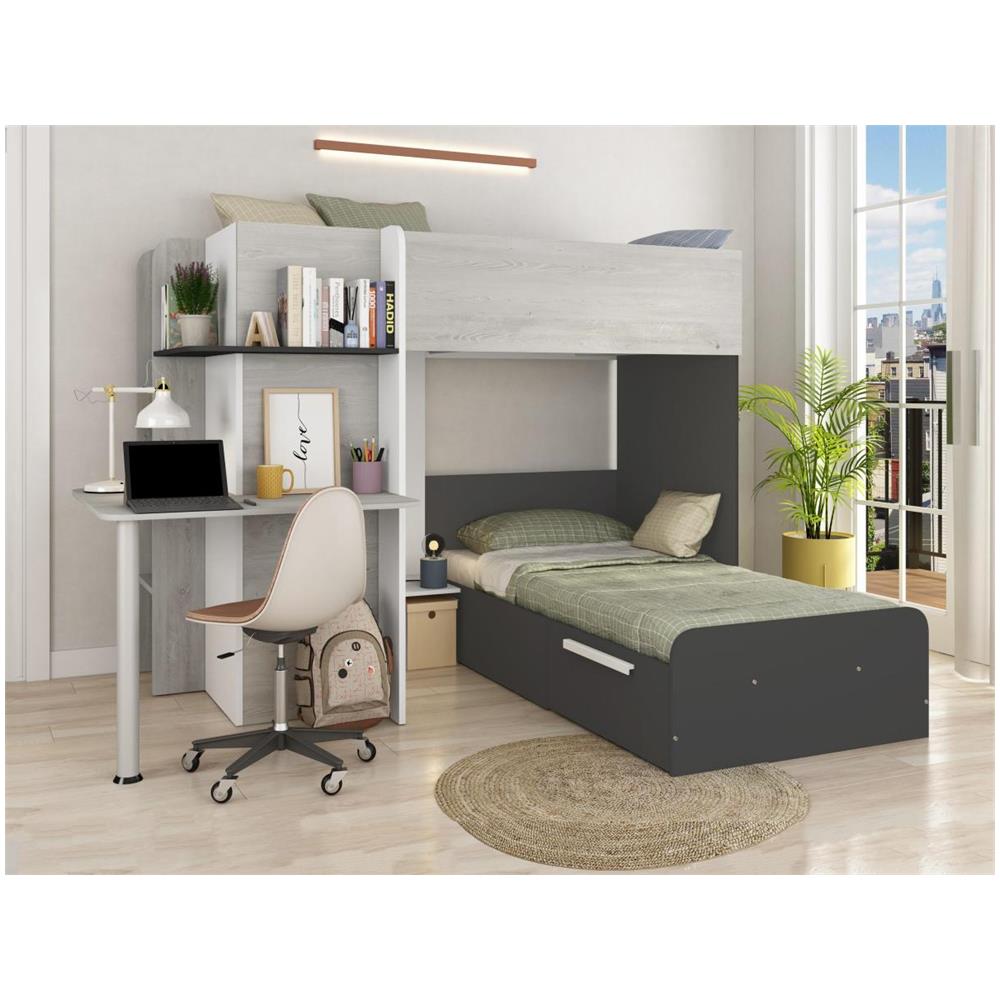 Letto A Castello Ad Angolo Con Scrivania 2 X 90 X 190 Cm Grigio, Bianco E Nero - Samuel - Foto 7