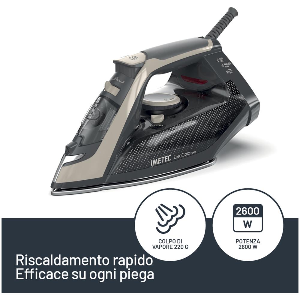 ZeroCalc Power - Ferro da Stiro da 2600W con Colpo di Vapore 220g,Piastra in Acciaio Satinato, Sistema Anticalcare, Leggero - Foto 2