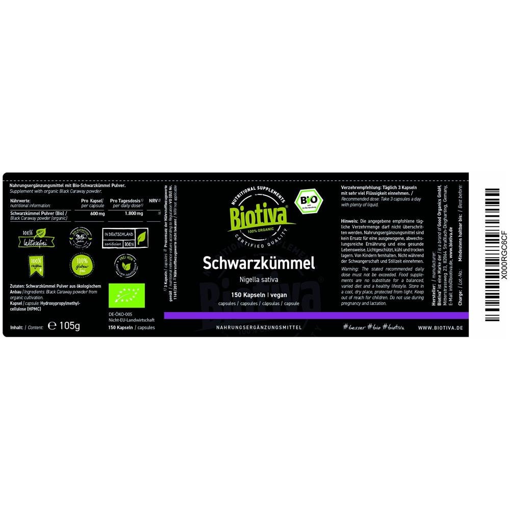Cumino Nero Bio - 150 Capsule A 600mg - Polvere Di Dall'egitto - Nigella Sativa - 100% Vegano - Coltivazione Biologica - Foto 2
