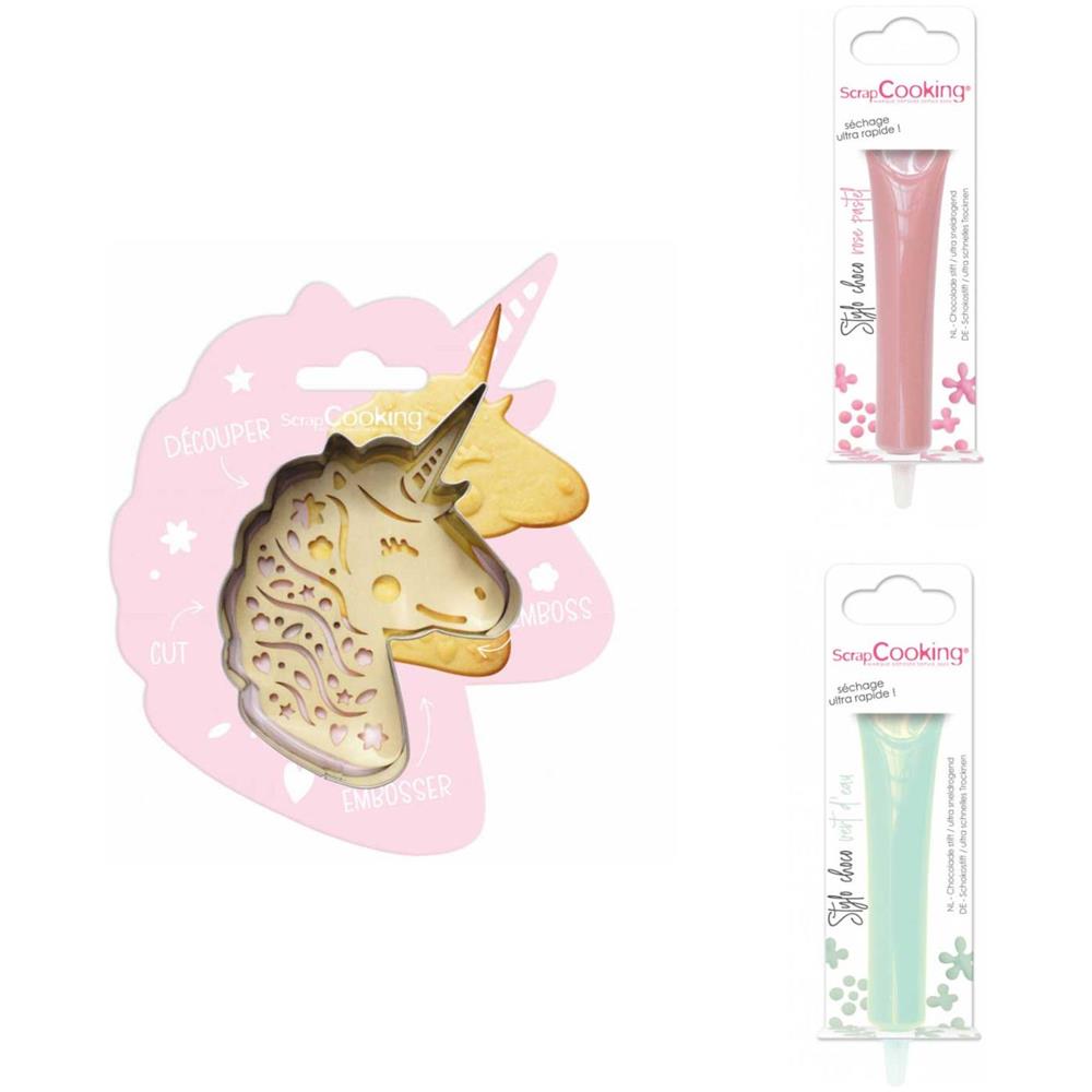 Kit Biscotti Unicorno + 2 Penne Al Cioccolato Rosa Pastello E Verde Acqua - Foto 1