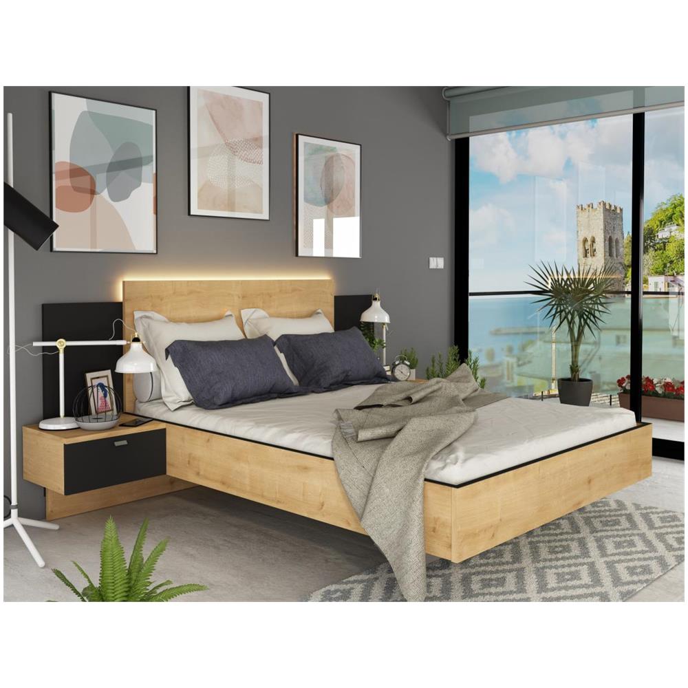 Letto Con Comodini 2 Cassetti Con Led 140 X 190 Cm Naturale E Nero - Sulof - Foto 1