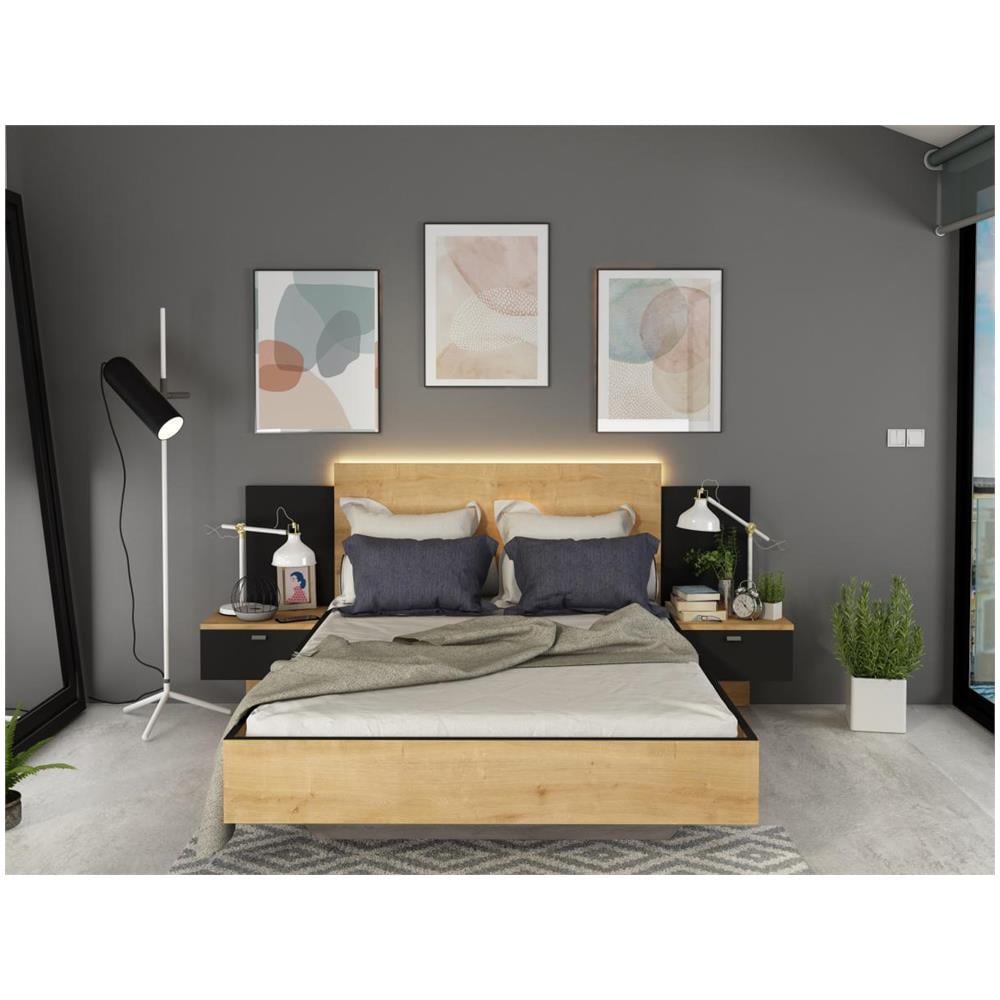 Letto Con Comodini 2 Cassetti Con Led 140 X 190 Cm Naturale E Nero - Sulof - Foto 2