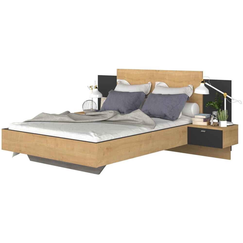 Letto Con Comodini 2 Cassetti Con Led 140 X 190 Cm Naturale E Nero - Sulof - Foto 5