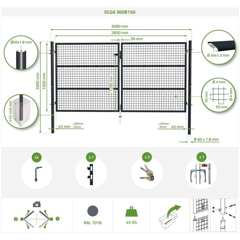 Cancello A Battente In Rete Metallica 3m Olga 300b150 Grigio - Foto 8