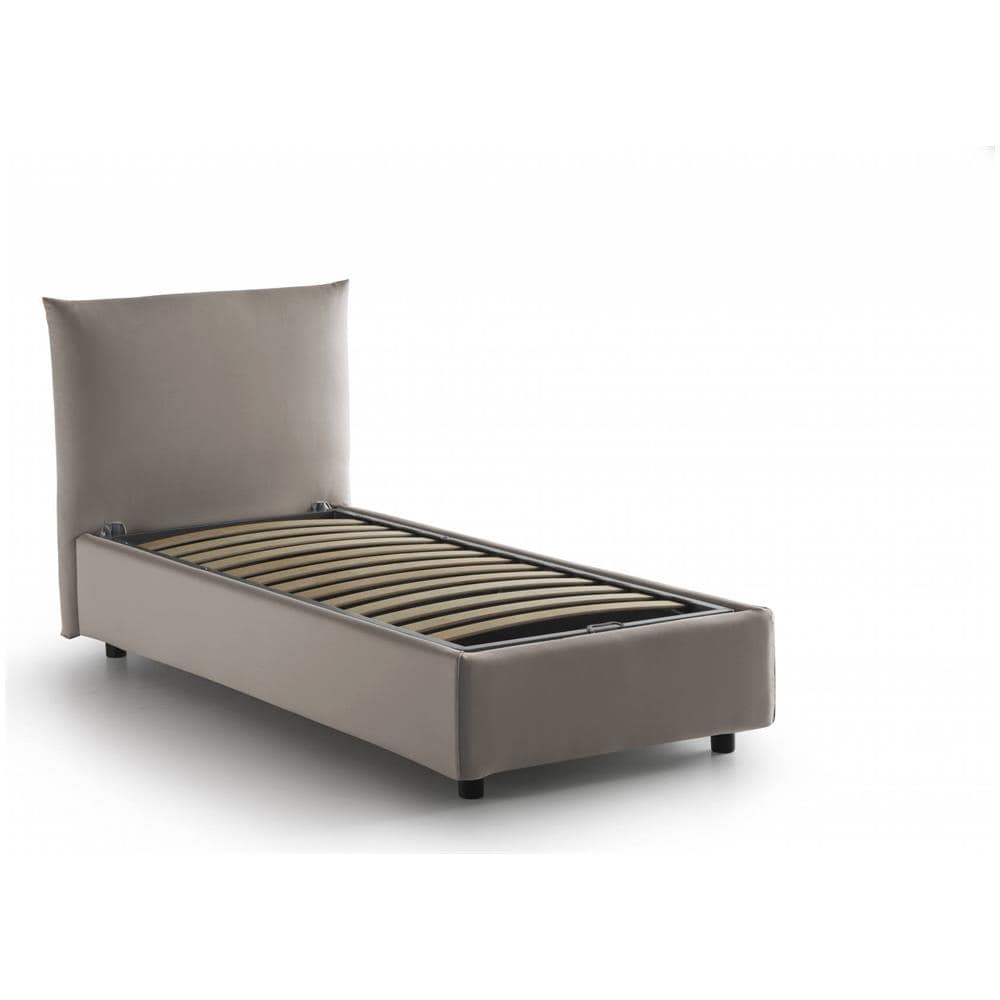 Letto Singolo Marina, Letto Contenitore Con Rivestimento In Tessuto, 100% Made In Italy, Apertura Laterale, Adatto Per Materasso Cm 80x190, Tortora - Foto 2