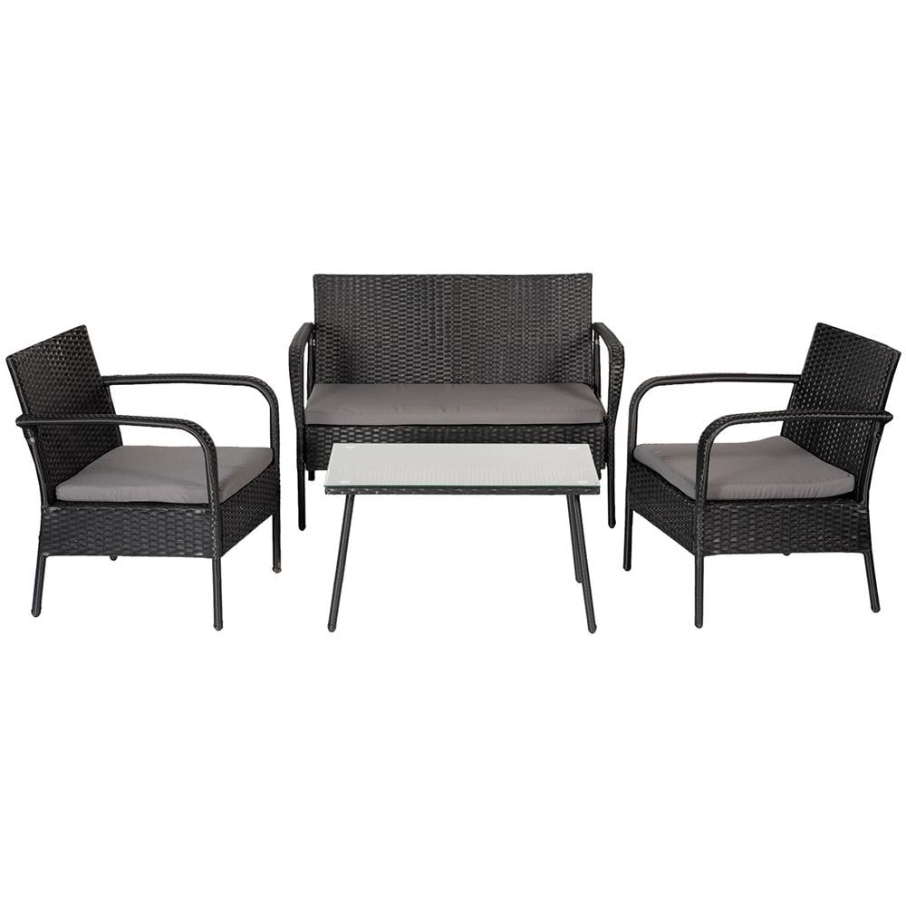 Set Di Mobili Da Giardino Lipari In Resina Intrecciata Nera - Cuscini Grigi - Foto 1