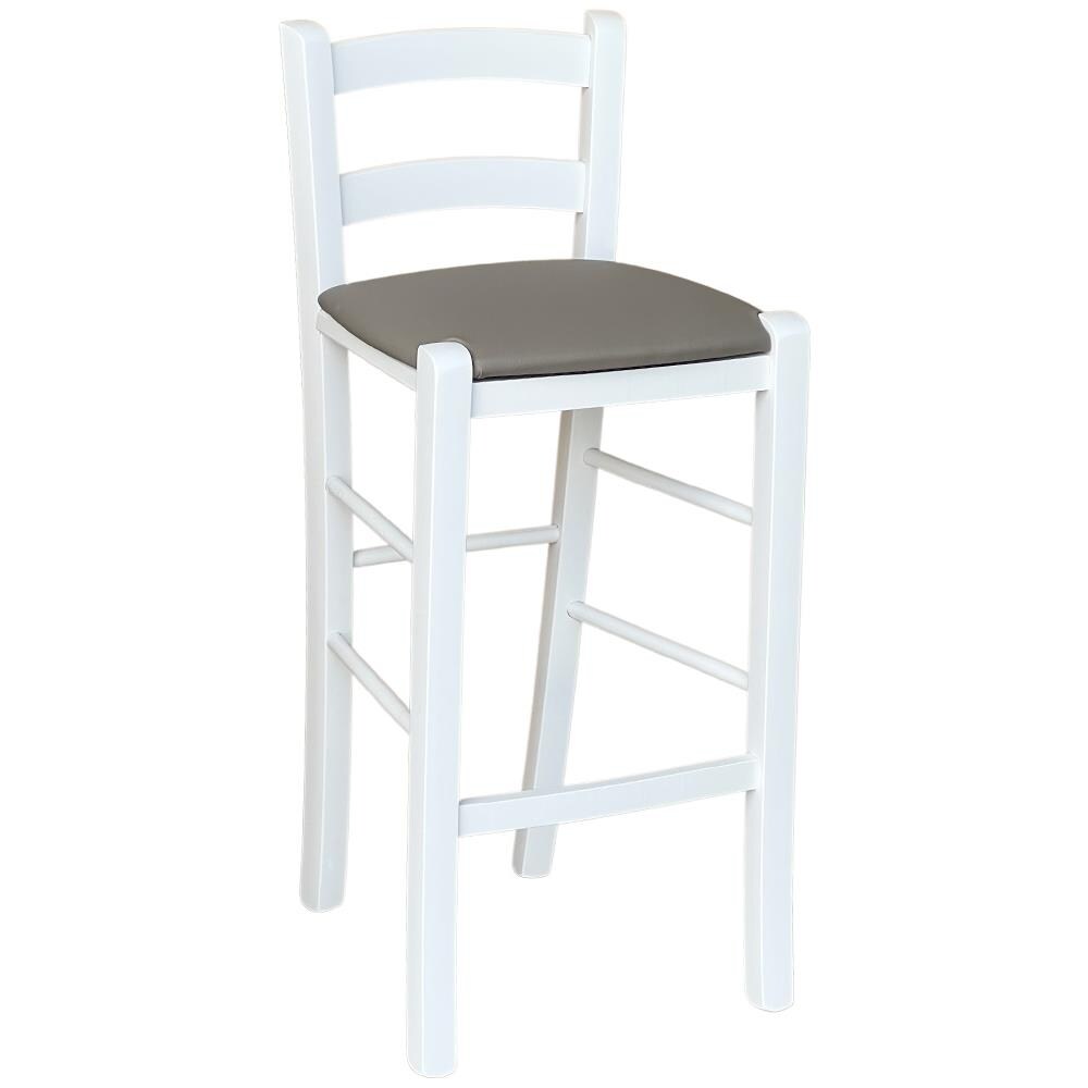 Sgabello Legno Bianco Sedile In Similpelle Tortora H67 Cm Da Terra Alla Seduta - Foto 1