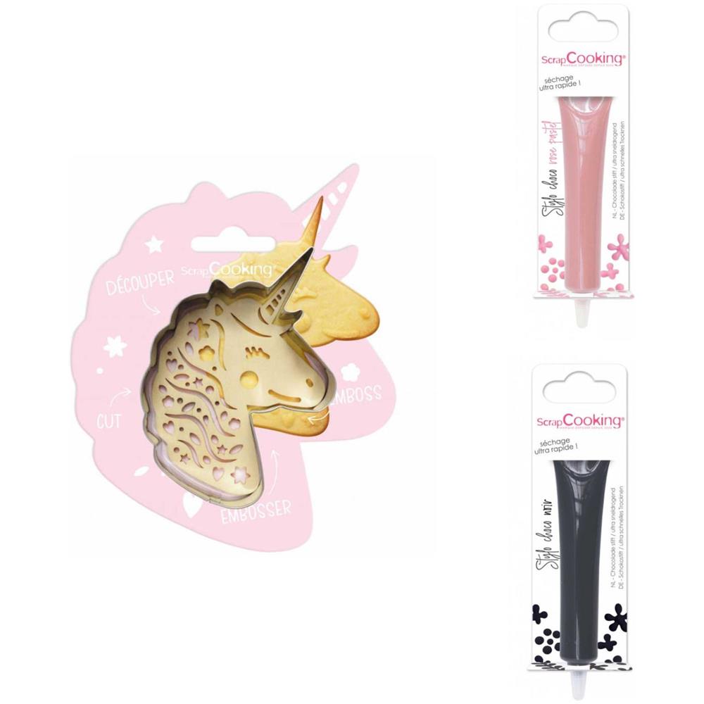 Kit Biscotti Unicorno + 2 Penne Al Cioccolato Rosa Pastello E Fondente - Foto 1