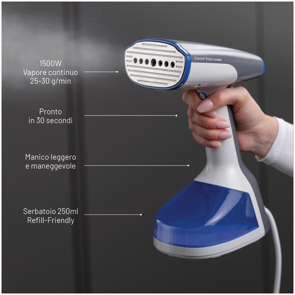 Steam Easy Express, ferro da stiro portatile verticale, piastra acciao, pronto in 30"", tasto erogazione vapore continuo, vapore continuo 25-30 g, serbatoio 250 ml, 1500 W - Foto 2