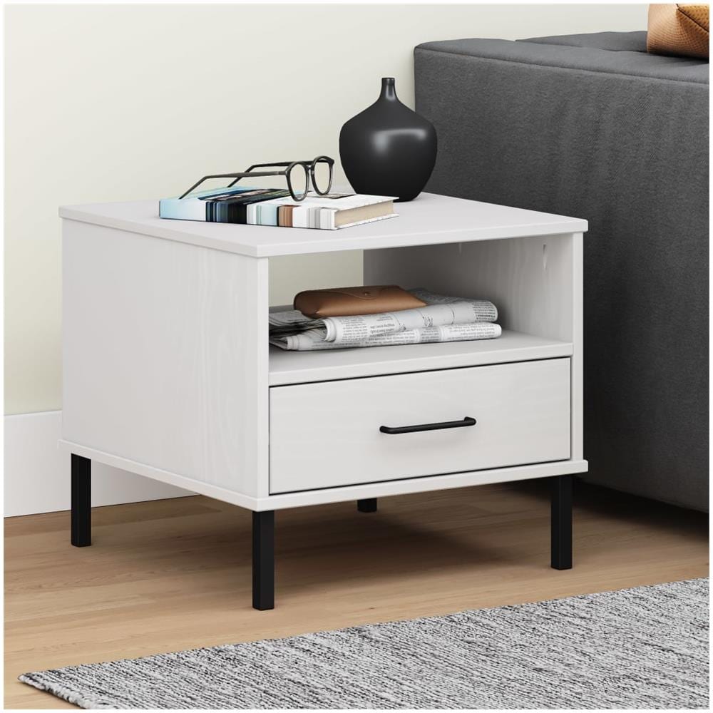 Comodino Con Gambe In Metallo Bianco Legno Massello Pino Oslo - Foto 1
