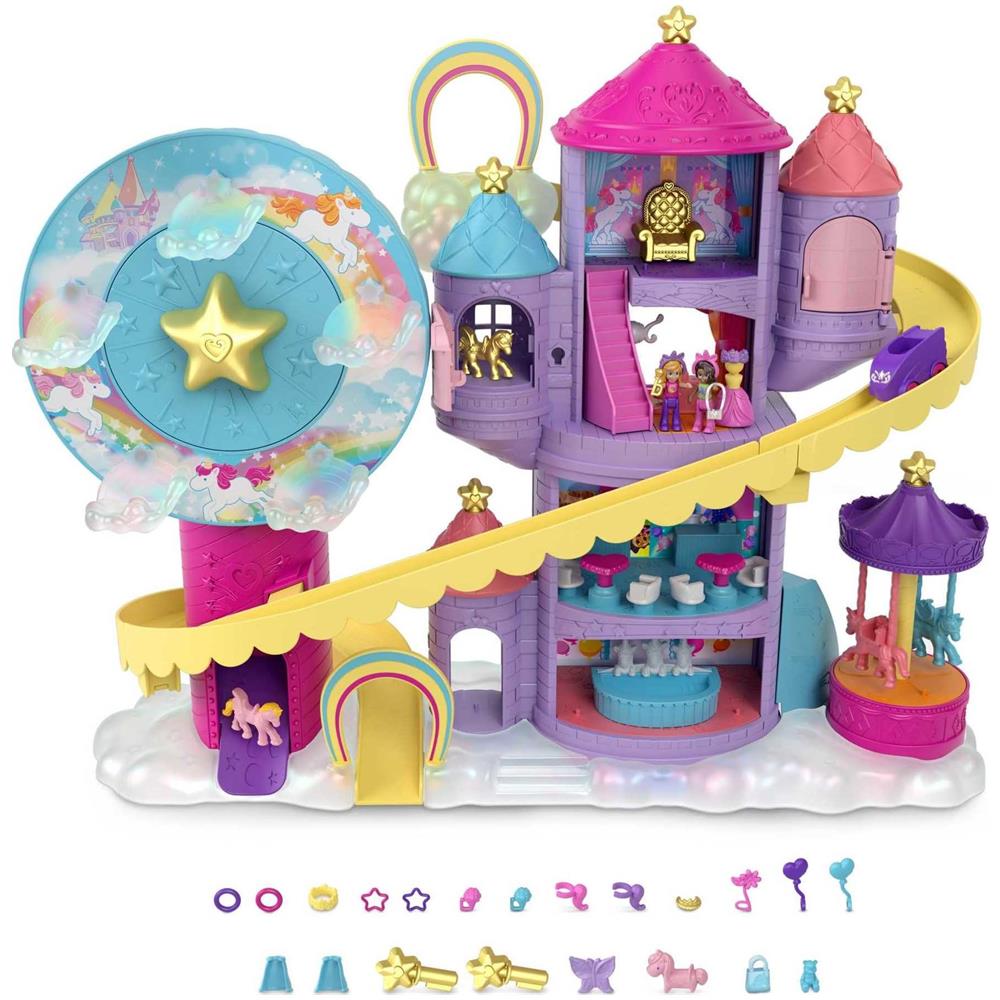 Bambole E Set Da Gioco Polly Pocket, Parco Tematico Rainbow Funland Con 2 Unicorni, Bambole Polly E Shani, 25 Accessori A Sorpresa - Foto 1