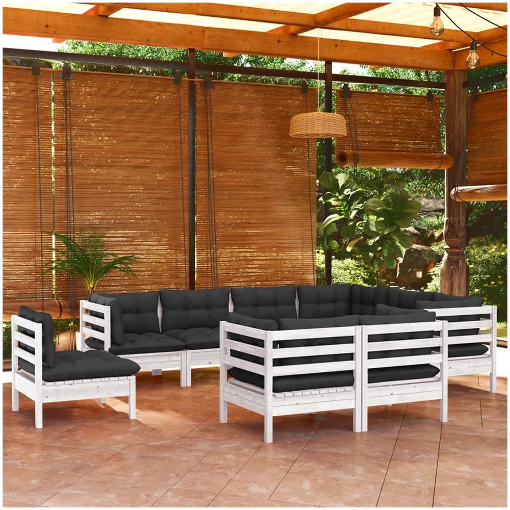 Set Divani Da Giardino 9 Pz Con Cuscini Bianchi Legno Di Pino - Foto 1