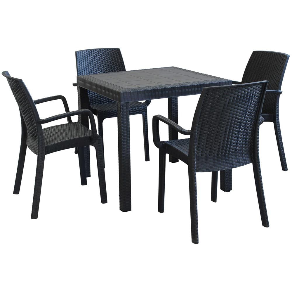 Set Tavolo Da Giardino Quadrato Fisso Cm 80 X 80 Con 4 Poltrone Con Braccioli In Wicker Stampato Antracite Da Esterno Giardino - Foto 1