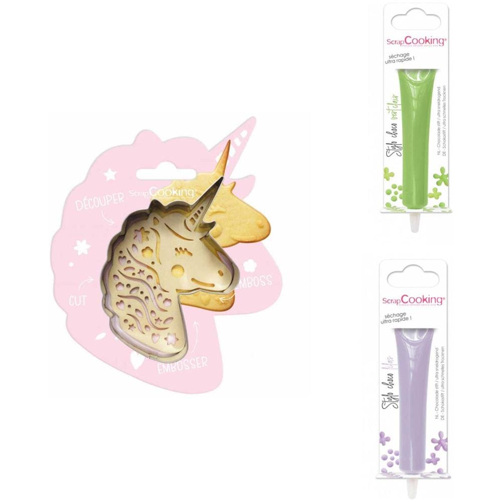 Kit Biscotti Unicorno In Rilievo + 2 Penne Al Cioccolato Verde Chiaro E Lilla - Foto 1