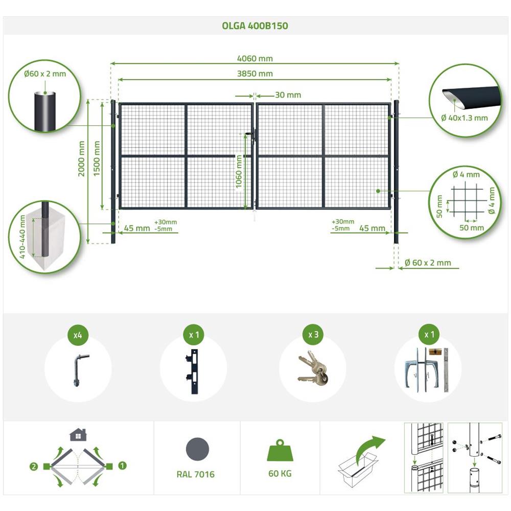 Cancello A Battente In Rete Metallica 4m Olga 400b150 Gris - Foto 8