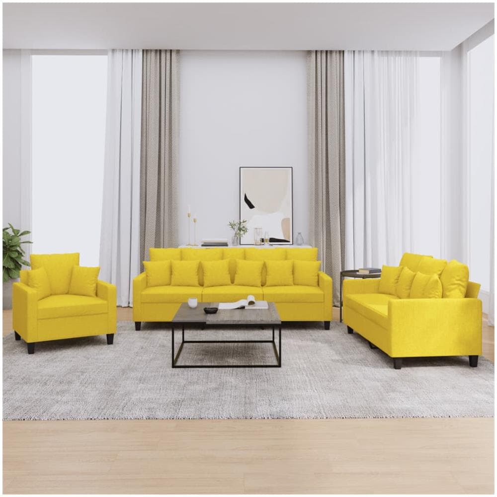 Set Di Divani 3 Pz Con Cuscini Giallo Chiaro In Tessuto - Foto 1