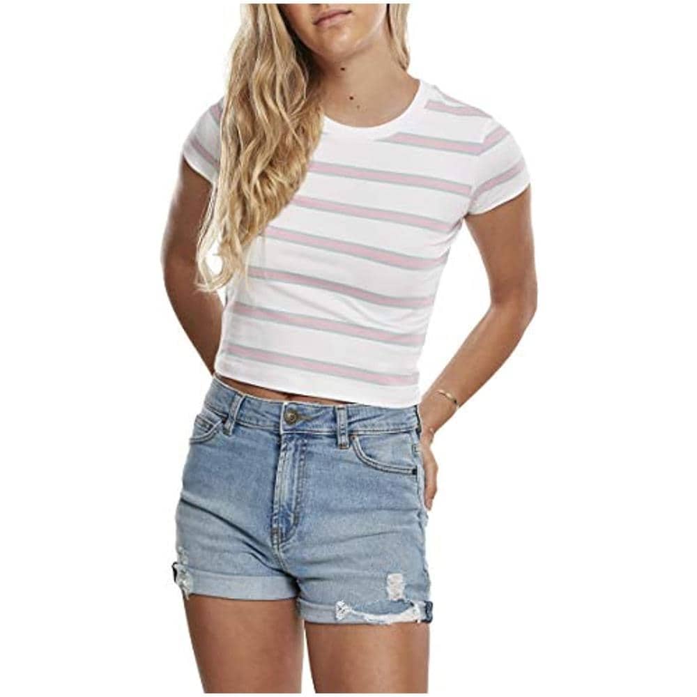 Ladies Stripe Cropped Tee T-shirt, Bianco / rosa, S Donna - Foto 1