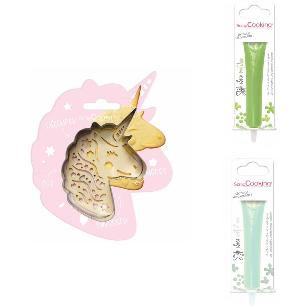 Kit Biscotti Unicorno In Rilievo + 2 Penne Al Cioccolato Verde Chiaro E Verde Acqua - Foto 1
