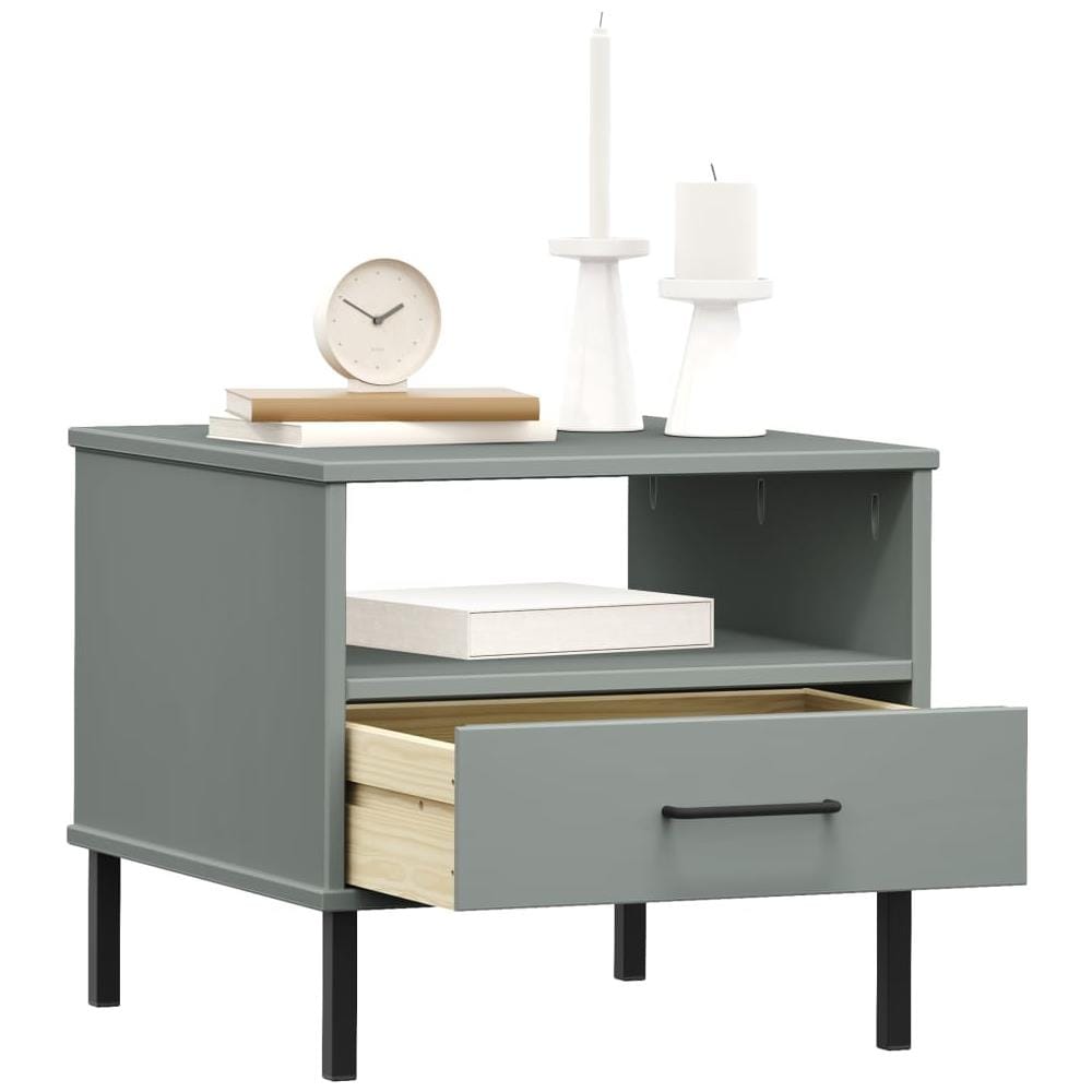 Comodino Con Gambe In Metallo Grigio Legno Massello Pino Oslo - Foto 3