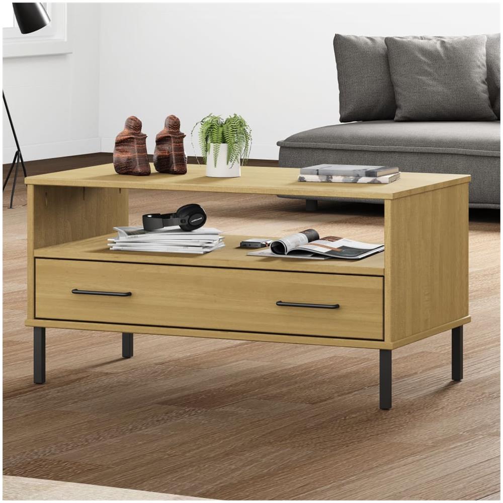 Tavolino Gambe Metallo Marrone 85x50x45 Cm Legno Massello Oslo - Foto 1