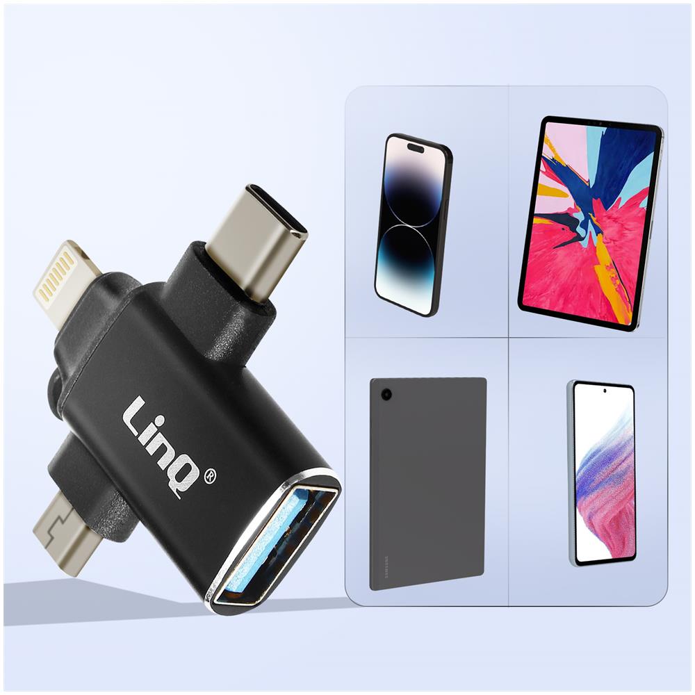 Adattatore Otg 3 In 1 Usb-c, Micro-usb, Lightning A Usb 3.0 Compatto Linq Nero - Foto 7