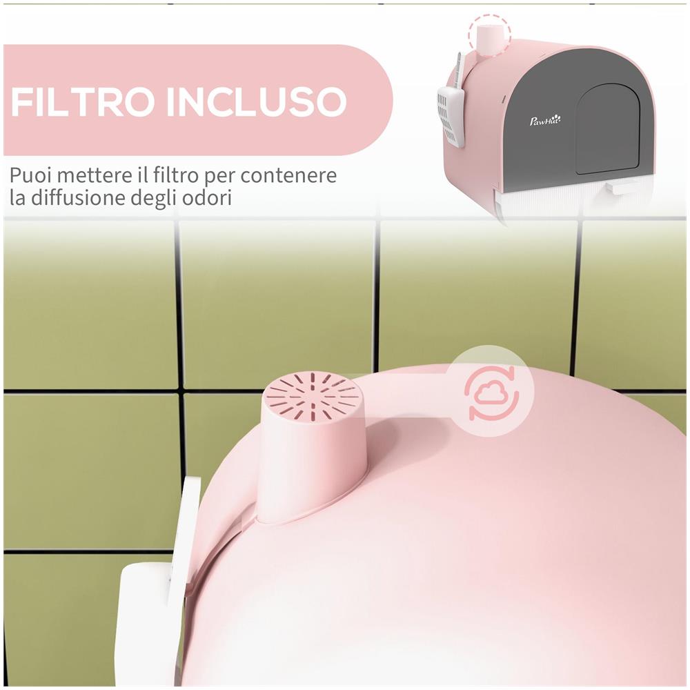 Lettiera per Gatti Chiusa con Filtri, Paletta e Vassoio, Struttura in PP, 43x44x47cm, Rosa - Foto 6