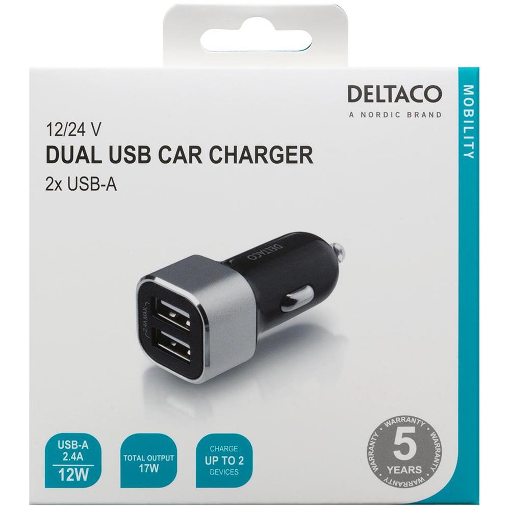 Caricabatteria Per Auto Usb Deltaco, 2x Usb-a, 2,4 A, Totale 17 W - Foto 2