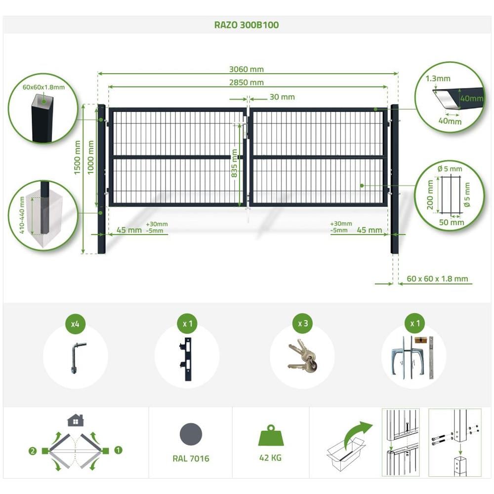 Cancello A Battente In Rete Metallica 3m Razo 300b100 Grigio - Foto 8