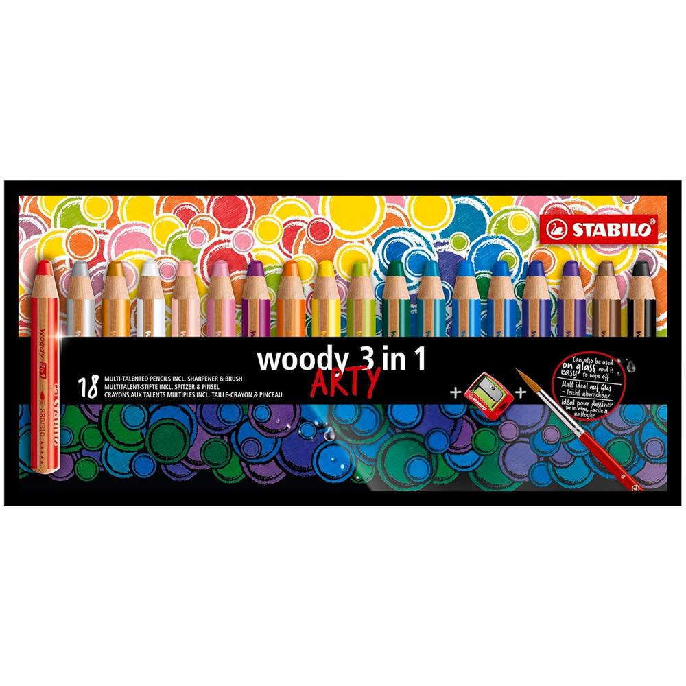 woody 3 in 1 - Matita colorata Multi-Funzione - ARTY - Astuccio da 18 - con Temperino e Pennello - Colori assortiti - Foto 1