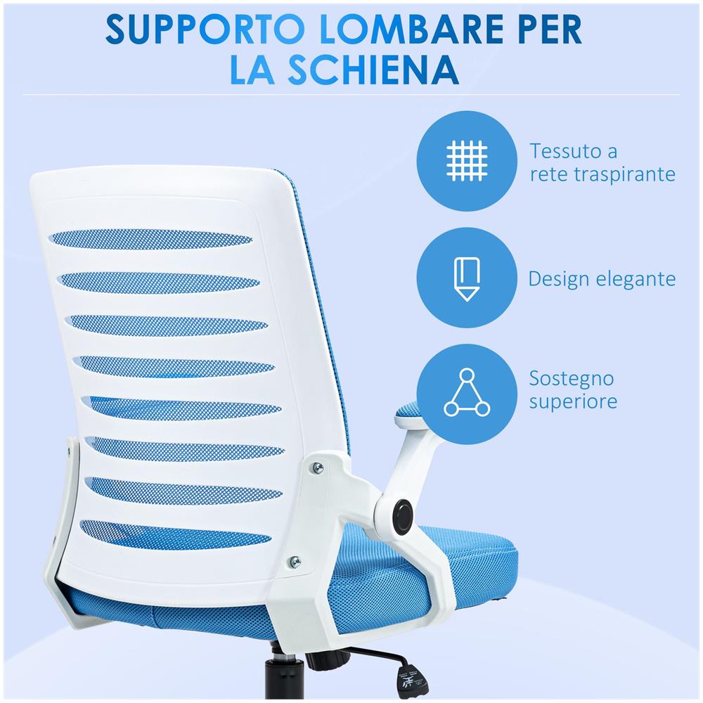 Sedia Ergonomica Girevole ad Altezza Regolabile con Braccioli, 54x54x89-99 cm, Bianca e Azzurra - Foto 6