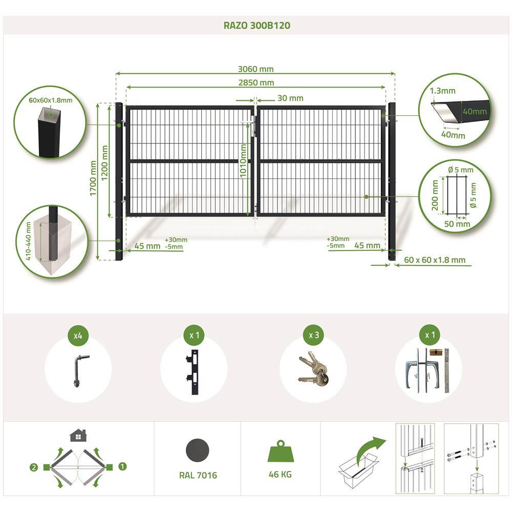 Cancello A Battente In Rete Metallica 3m Razo 300b120 Grigio - Foto 8