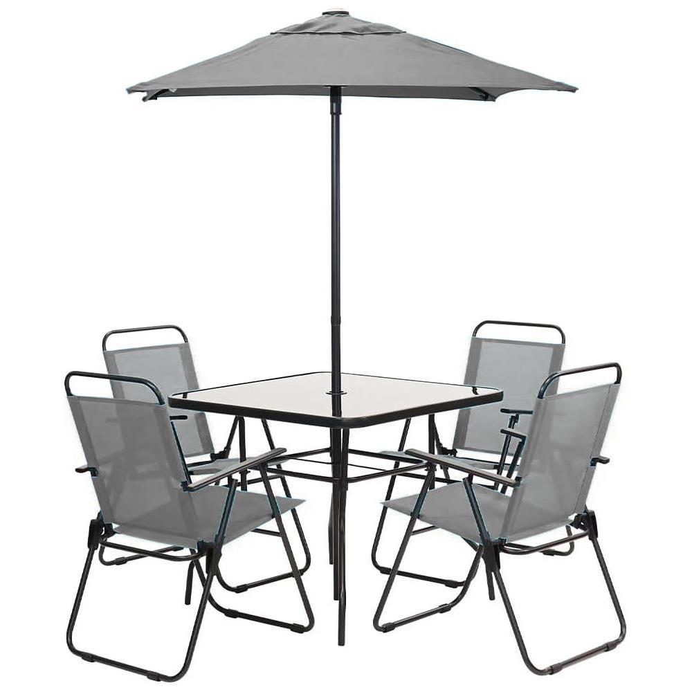 Set da Pranzo 6 Pezzi per Giardino Patio con Ombrellone 4 Sedie Pieghevoli Grigio - Foto 1