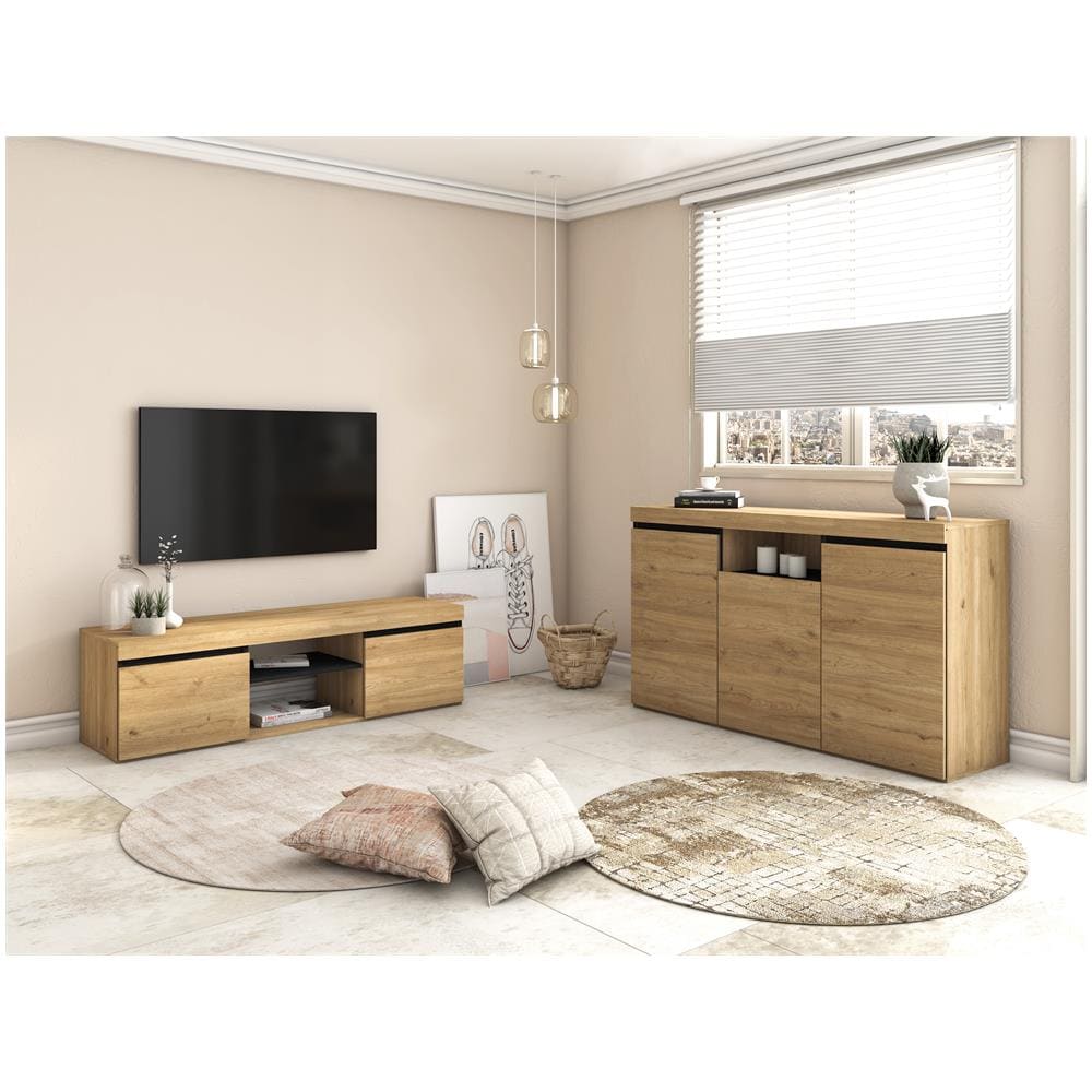 Set Naturale Soggiorno Sala Da Pranzo, Mobili Ausiliari, Buffet Mobile-tv 140cm Rovere Nordico Nero - Foto 2