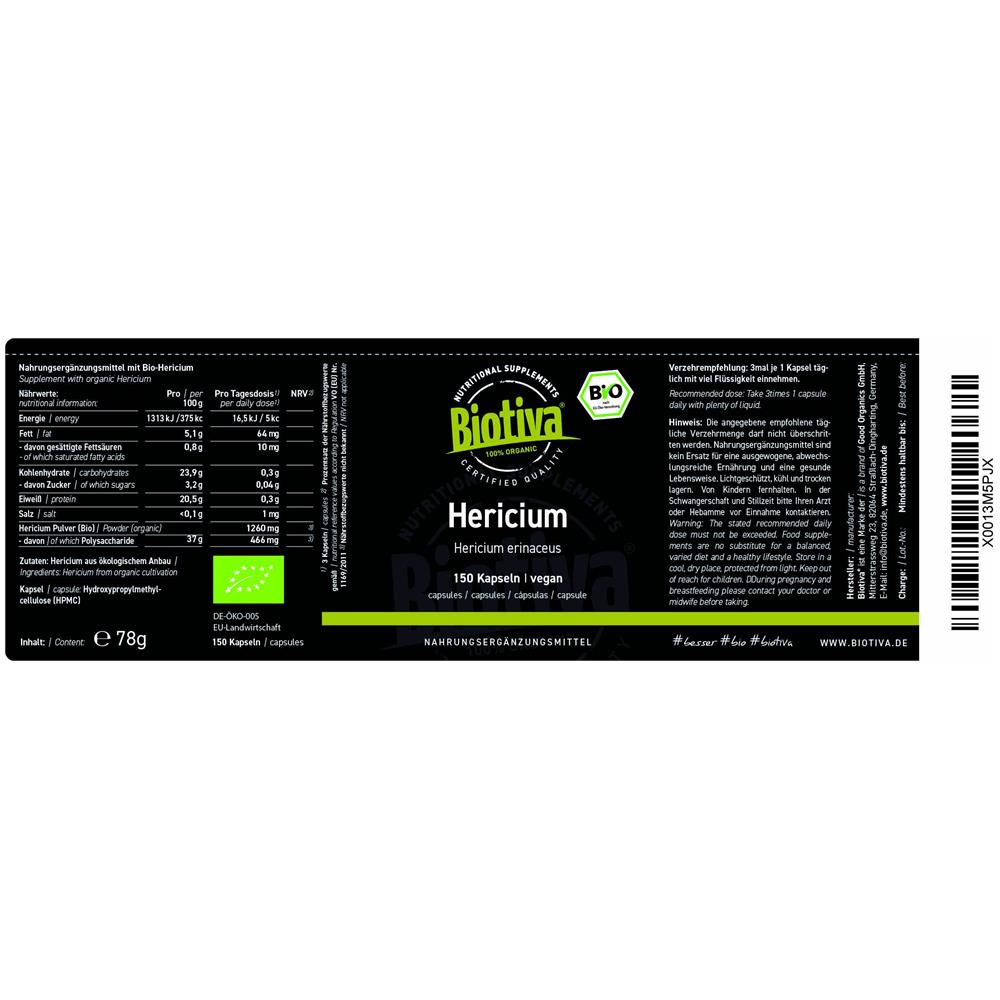 Hericium Bio - 150 Capsule - Fungo Della Scimmia - Hericium Erinaceus - Imbottigliato E Certificato In Germania (de-eco-005) - Capsule Hpmc Vegane - Foto 2