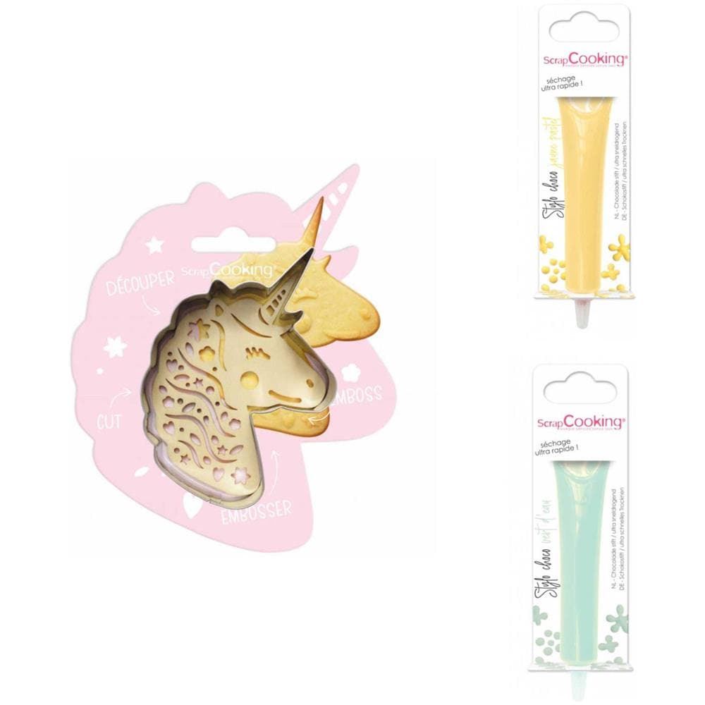 Kit Biscotti Unicorno + 2 Penne Al Cioccolato Giallo Pastello E Verde Acqua - Foto 1