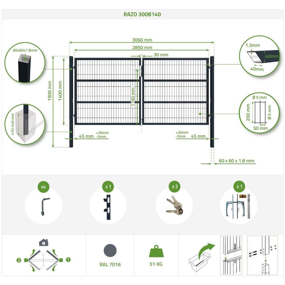 Cancello A Battente In Rete Metallica 3m Razo 300b140 Grigio - Foto 8