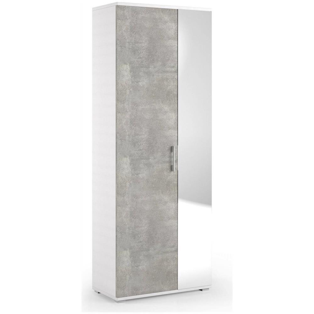 Scarpiera Tarassaco, Mobile Multiuso Da Ingresso Con Anta A Specchio, Armadio Moderno Portascarpe A 6 Ripiani, 100% Made In Italy, 72x37h195 Cm, Bianco E Cemento - Foto 2