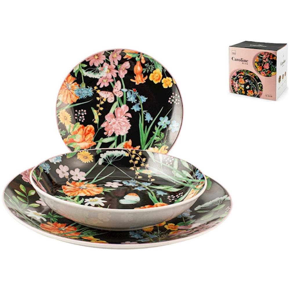 Servizio tavola 18 pezzi coupe Caroline Black in porcellana nera decorata - Foto 1