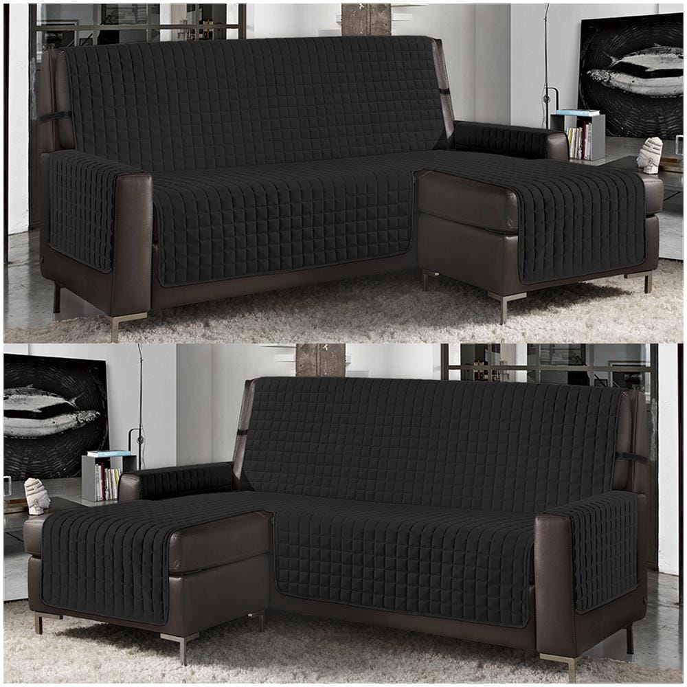 Copridivano Con Penisola Destra / sinistra Trapuntato Tinta Unita Antimacchia Reversibile 4 Posti Nero - Foto 1