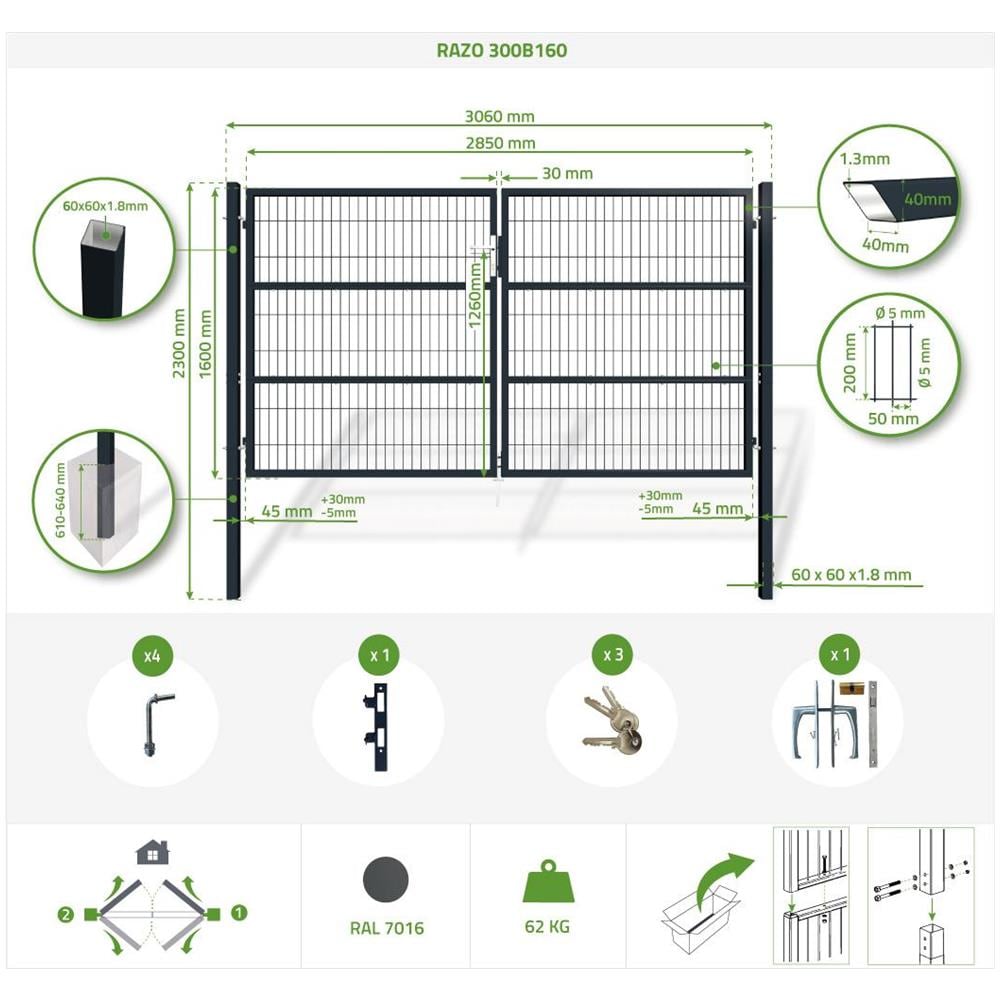 Cancello A Battente In Rete Metallica 3m Razo 300b160 Grigio - Foto 8