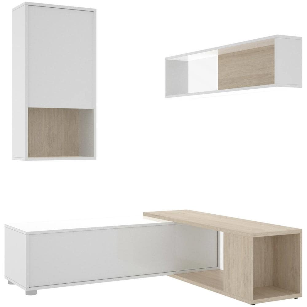 Parete Attrezzata Denali, Set Da Soggiorno Modulare Ad Angolo, Mobile Salotto Multiposizione, 230x41h180 Cm, Bianco E Rovere - Foto 2