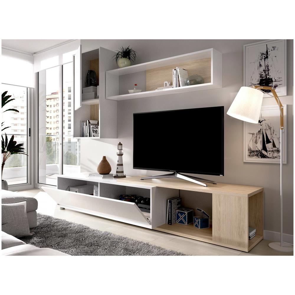 Parete Attrezzata Denali, Set Da Soggiorno Modulare Ad Angolo, Mobile Salotto Multiposizione, 230x41h180 Cm, Bianco E Rovere - Foto 4